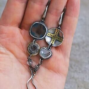 Antique Silver Flower Star Zircon Geometric Dangle Handmade Unique Earri…